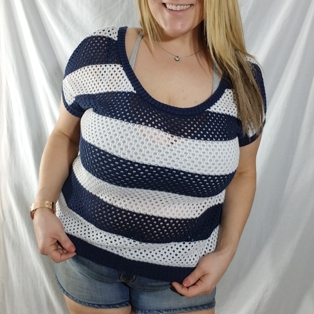 TORRID, Navy & White Open Knit Pullover Sweater
